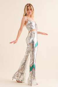 BLUE B 61199P SEQUIN FLARE THUNDERBOLT PRINT PANTS {SILVER}