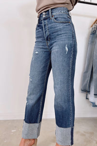 PARTYEIGHT High Waist Distressed Straight Leg Jeans {MEDIUM BLUE WASH)