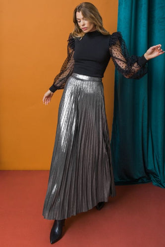 FLYING TOMATO A Pleated Foil Flat Silver Skirt - IK7467