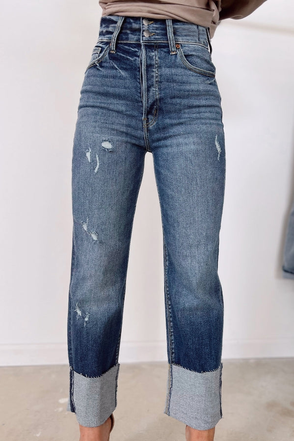 PARTYEIGHT High Waist Distressed Straight Leg Jeans {MEDIUM BLUE WASH)