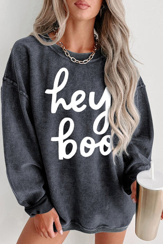 PARTYEIGHT Hey Boo Graphic Corded Halloween Sweatshirt (GREY)