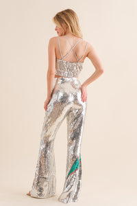 BLUE B 61199P SEQUIN FLARE THUNDERBOLT PRINT PANTS {SILVER}