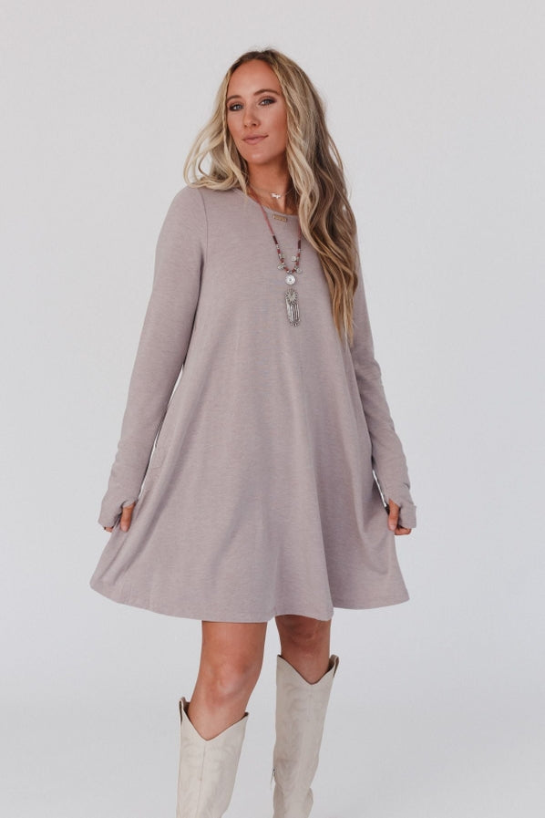 THIRD BIRD NEST Jake Long Sleeve Crewneck Dress - Mocha Latte