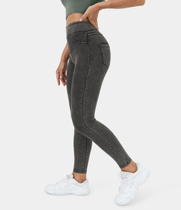 HALARA HIGH WAISTED BACK SIDE POCKET STRETCHY KNIT DENIM CASUAL LEGGINGS {BLACK}