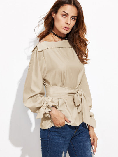 Foldover Boat Neck Belted Waist And Cuff Blouse