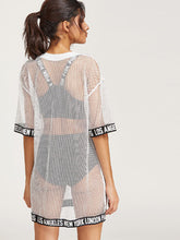 LOGO TRIM DROP SHOULDER FISHNET TEE DRESS COVERUP