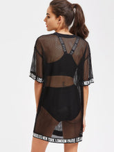 LOGO TRIM DROP SHOULDER FISHNET TEE DRESS COVERUP