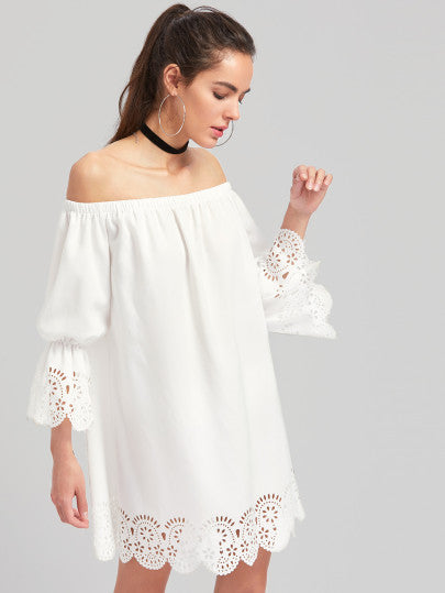 Elasticized Sleeve Scalloped Laser Cut Bardot Dress M / White