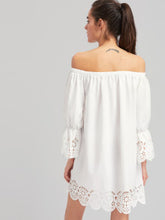 Elasticized Sleeve Scalloped Laser Cut Bardot Dress