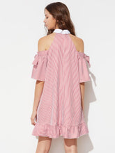 Contrast Collar Bow Open Shoulder Silhouette Embroidery Dress