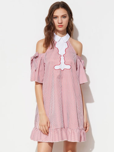 Contrast Collar Bow Open Shoulder Silhouette Embroidery Dress