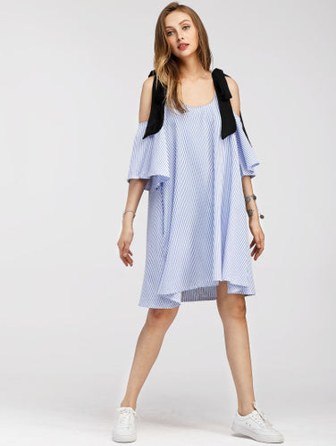 Contrast Tie Cold Shoulder Vertical Striped Dress