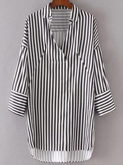 Vertical Striped High Low Shirt Dress