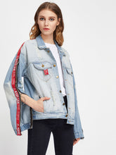 O-Ring Letter Tape Detail Zipper Ripped Denim Jacket