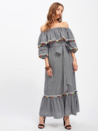 Pom Pom Trim Self Tie Frill Bardot Dress