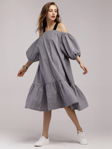 Gingham Lantern Sleeve Frill Hem Dress