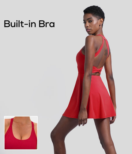 HALARA BACKLESS CUT OUT TWISTED SIDE POCKET 2-in-1 BARRE BALLET DANCE DRESS {ROCCO RED)