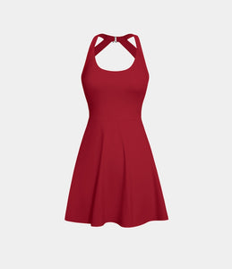 HALARA BACKLESS CUT OUT TWISTED SIDE POCKET 2-in-1 BARRE BALLET DANCE DRESS {ROCCO RED)