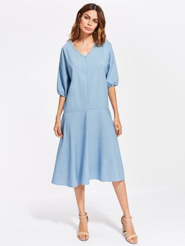 V Neckline Drop Shoulder Chambray Dress