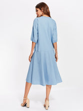 V Neckline Drop Shoulder Chambray Dress
