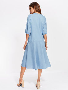 V Neckline Drop Shoulder Chambray Dress