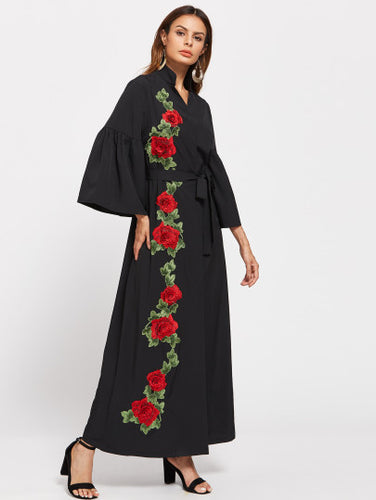 Stand Collar Rose Embroidery Patch Fluted Sleeve Dress