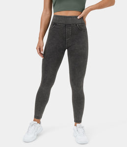 HALARA HIGH WAISTED BACK SIDE POCKET STRETCHY KNIT DENIM CASUAL LEGGINGS {BLACK}