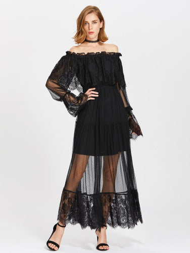 Frill Off Shoulder Lace Overlay Tiered Dress
