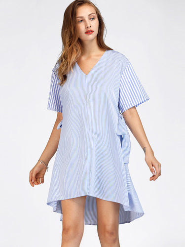 Vertical Striped Tie Side Dip Hem Dress