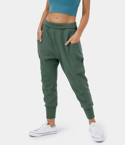 HALARA HIGH WAISTED FOLDOVER SIDE POCKET WAFFLE HAREM DANCE CARGO JOGGERS (DUCK GREEN)