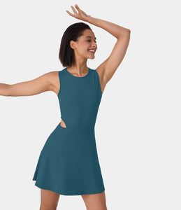 HALARA ROUND NECK SLEEVELESS TIE BACK CUT OUT 2-IN-1 BACKLESS DRESS (INDIAN TEAL)