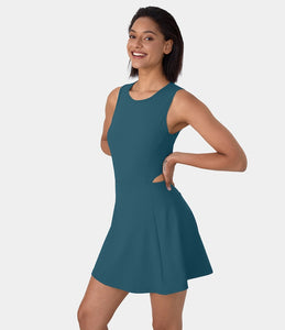 HALARA ROUND NECK SLEEVELESS TIE BACK CUT OUT 2-IN-1 BACKLESS DRESS (INDIAN TEAL)