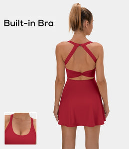 HALARA BACKLESS CUT OUT TWISTED SIDE POCKET 2-in-1 BARRE BALLET DANCE DRESS {ROCCO RED)