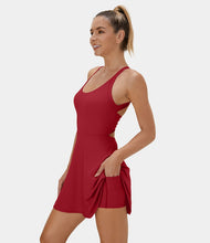 HALARA BACKLESS CUT OUT TWISTED SIDE POCKET 2-in-1 BARRE BALLET DANCE DRESS {ROCCO RED)