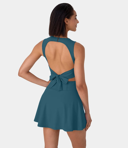 HALARA ROUND NECK SLEEVELESS TIE BACK CUT OUT 2-IN-1 BACKLESS DRESS (INDIAN TEAL)