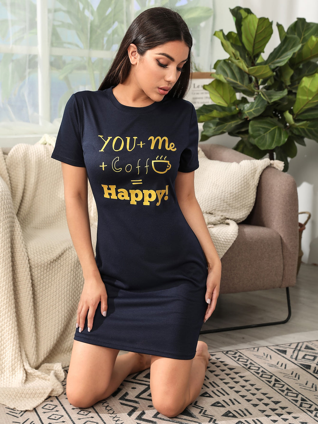 Slogan Graphic Short Sleeve Lounge Dress