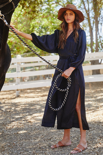 BUCKETLIST KIMONO WRAP LONG DRESS ( BLACK)