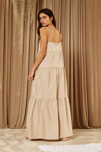 BUCKETLIST V NECK STRAPPY TIERED MAXI DRESS (OFF WHITE & TAN)