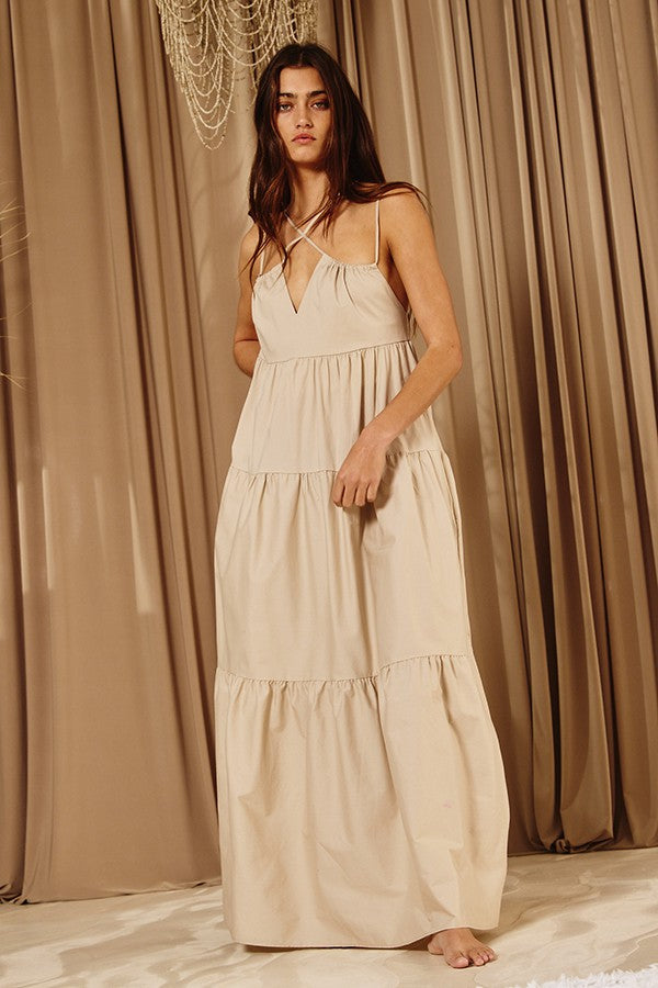 BUCKETLIST V NECK STRAPPY TIERED MAXI DRESS (OFF White & TAN) TAN / LARGE BUCKETLIST V NECK STRAPPY TIERED MAXI DRESS (OFF White & TAN) TAN / LARGE