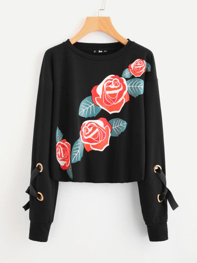 Grommet Lace Up Sleeve Floral Sweatshirt