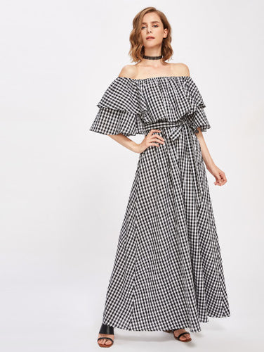 Flounce Off Shoulder Self Tie Gingham Dress
