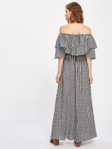 Flounce Off Shoulder Self Tie Gingham Dress