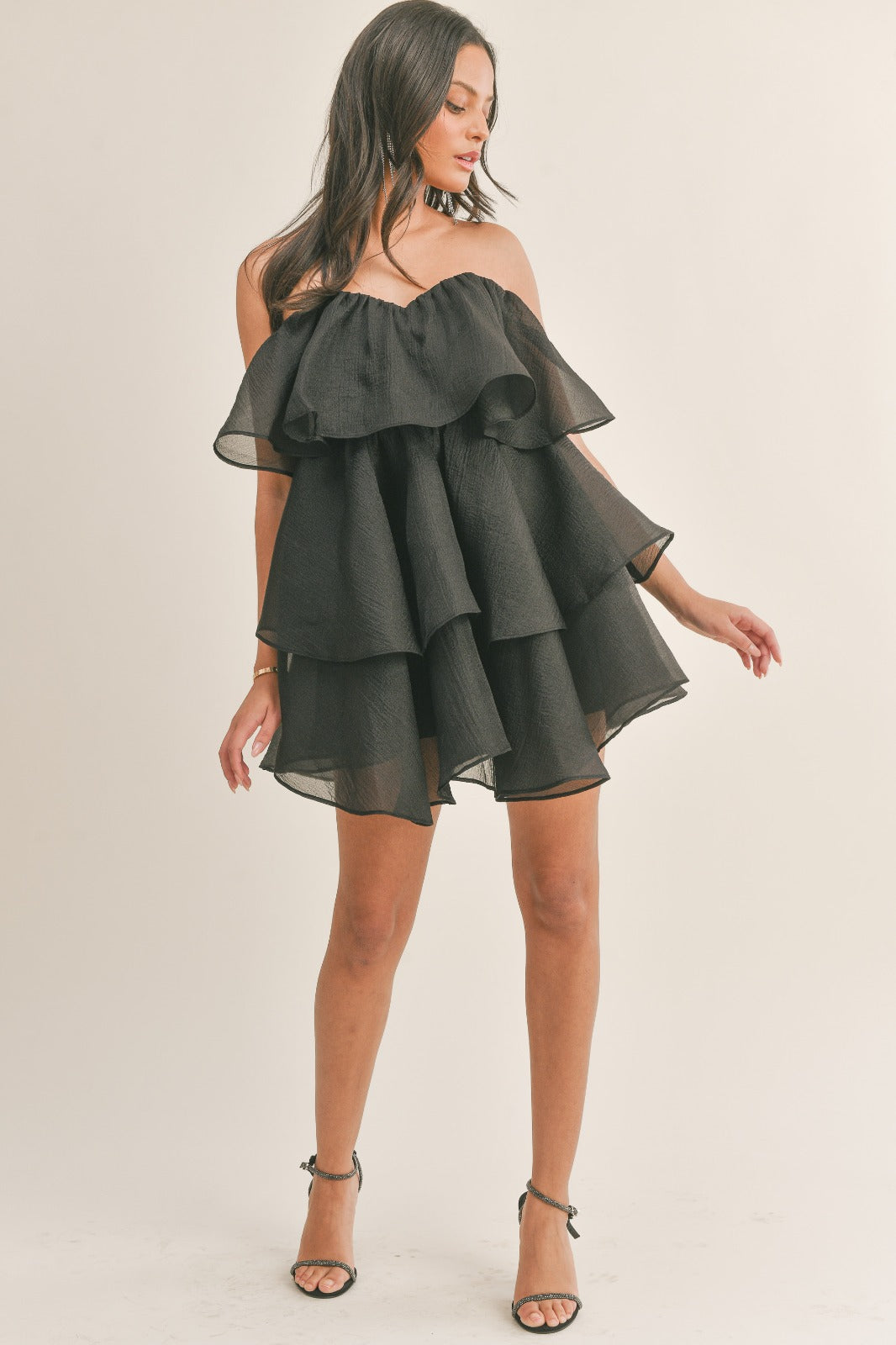 KLESIS STRAPLESS BANDEAU NECK TIERED MINI DRESS (BLACK & YELLOW) Black / SMALL