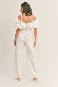 KLESIS 2 PIECE OFF SHOULDER TOP & WIDE LEG ELASTIC WAISTBAND PLEATED FRONT PANT (WHITE)