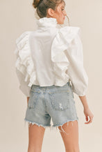 KLESIS RUFFLE HIGH NECK CROP SHIRT ( OFF WHITE & BLACK)