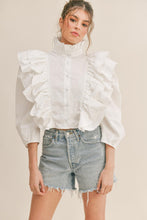 KLESIS RUFFLE HIGH NECK CROP SHIRT ( OFF WHITE & BLACK)