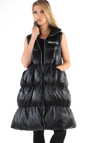 FOR HER PUFFER LONG ZIP VEST (BLACK & GOLD)