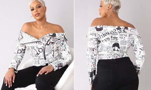 FOR HER NEWSPAPER EXTRA EXTRA READ ALL ABOUT IT OFF SHOULDER JACKET (WHITE/MULTI)