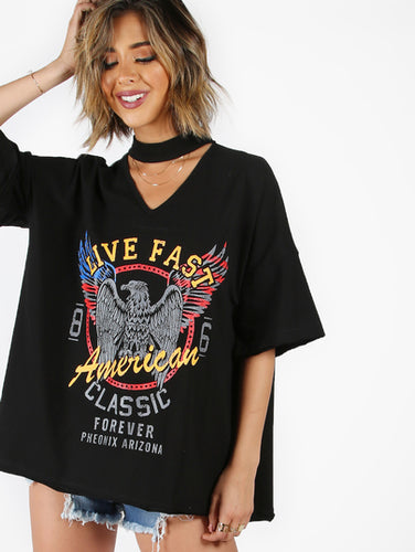 Black Cutout V Neck Drop Shoulder Oversized T Shirt