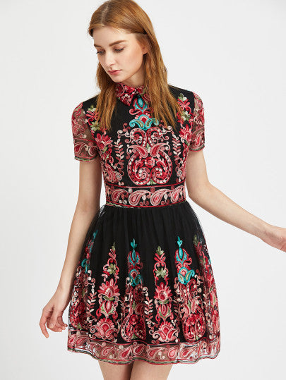 embroidered mesh skater dress Chloe Sequin Embroidered Mesh Skater Dress